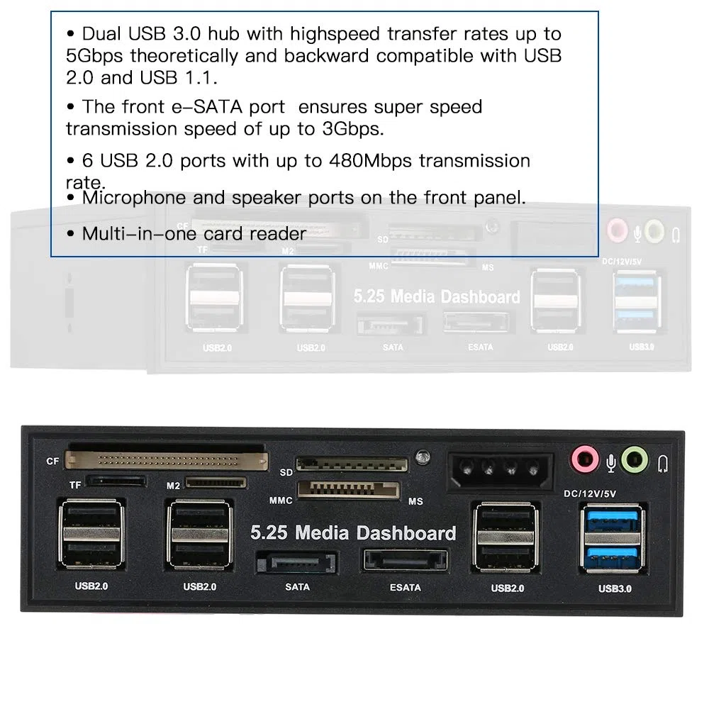 ACAGALA Multifunktions-USB 3.0 Hub eSATA SATA Port Interner Kartenleser PC Armaturenbrett Medien Vorderseite Audio für SD MS CF TF M2 MMC Speicherkarten Passend für 5,25 Zoll Bay