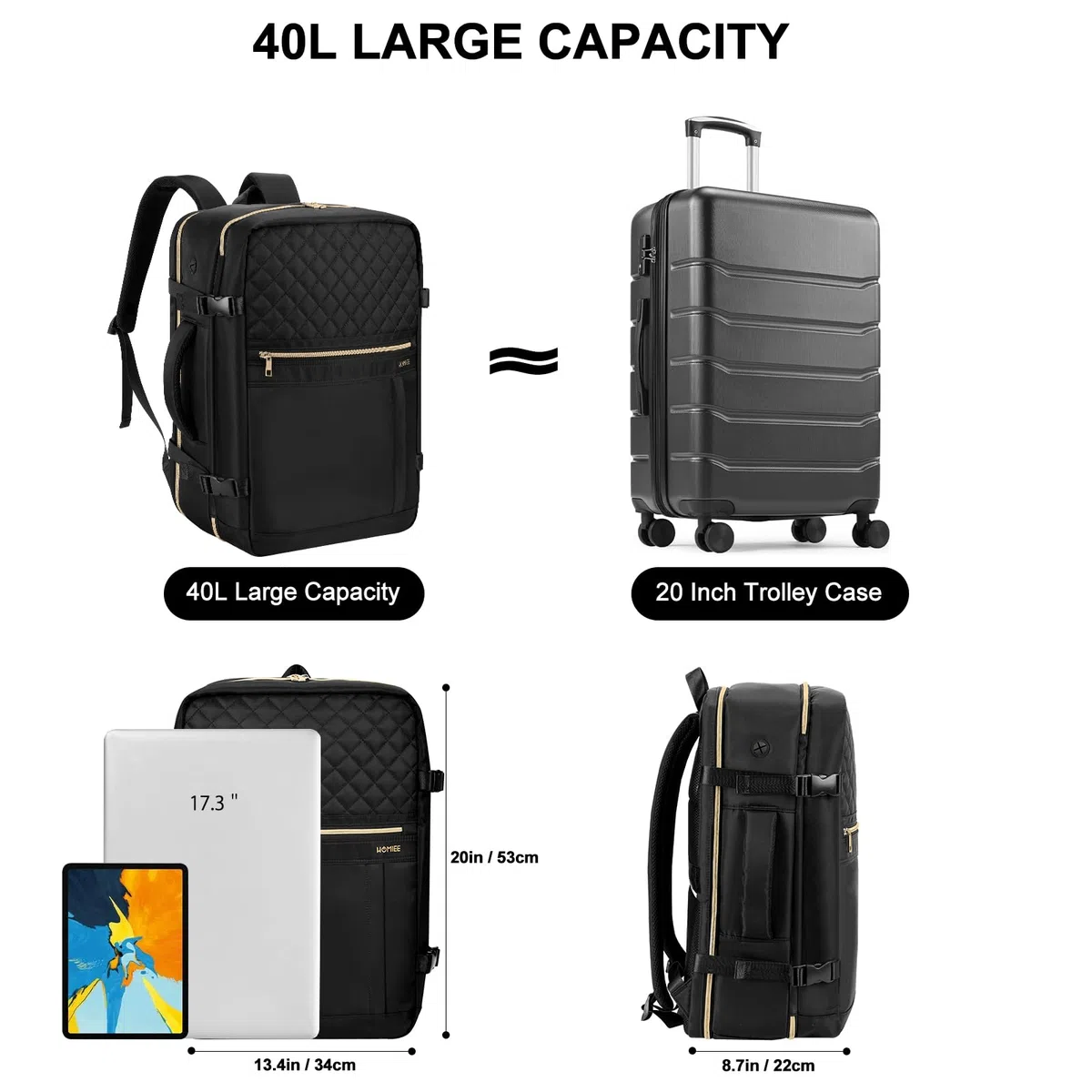 HOMIEE Handgepäck Rucksack Flugzeug Groß 40L Reiserucksack mit Schuhfach Damen Kofferrucksack 17 Zoll Laptoprucksack Wasserdicht Travel Backpack für Reise Camping Wandern Weekend (Klassisches Schwarz)