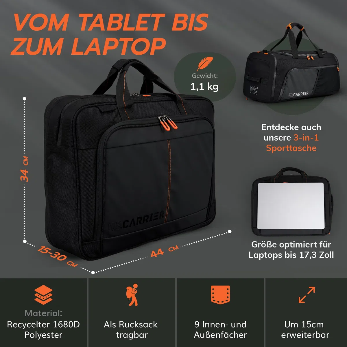 WorkBag Laptoptasche 18 Zoll aus recyceltem PET – Wasserabweisende Laptop Tasche Business Aktentasche mit Schultergurt – Große Notebook Tasche für Arbeit, Büro & Reisen