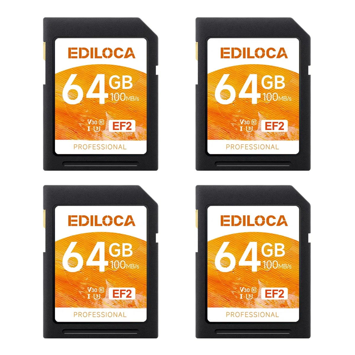 Ediloca EF2 UHS-I Speicherkarte 64GB 4er-Pack, Lesen 100MB/s, Schreiben 45MB/s, C10, U3, V30, Full-HD und 4K-Video, SD-Karte für professionelle Fotografen