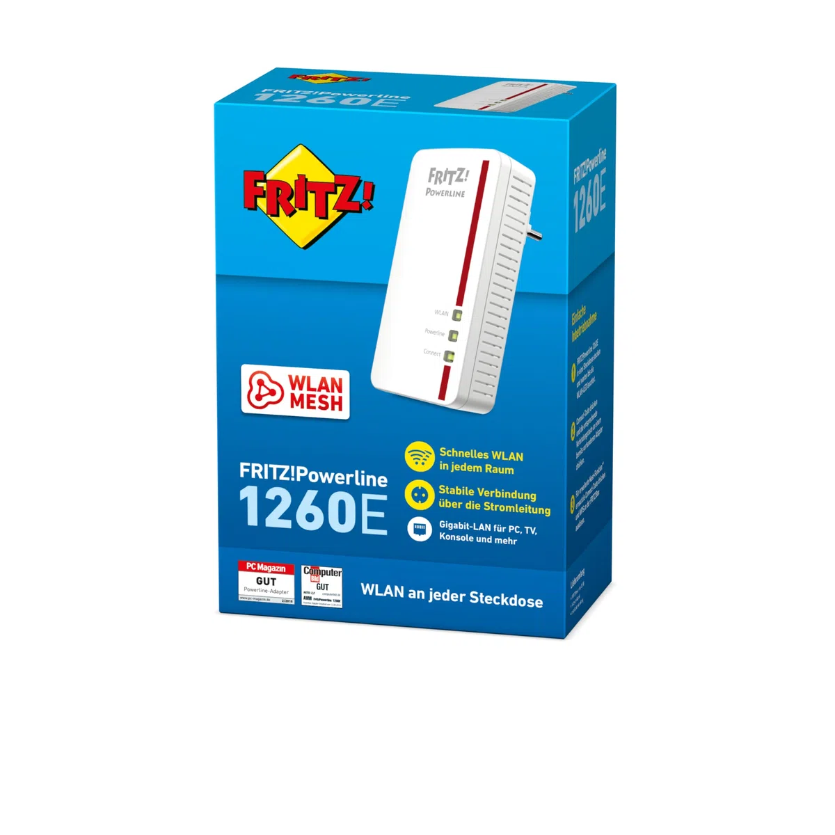 FRITZ!Powerline 1260 Single-Adapter (1.200 MBit/s, WLAN-Access Point, ideal für Media-Streaming oder NAS-Anbindungen, deutschsprachige Version) weiß