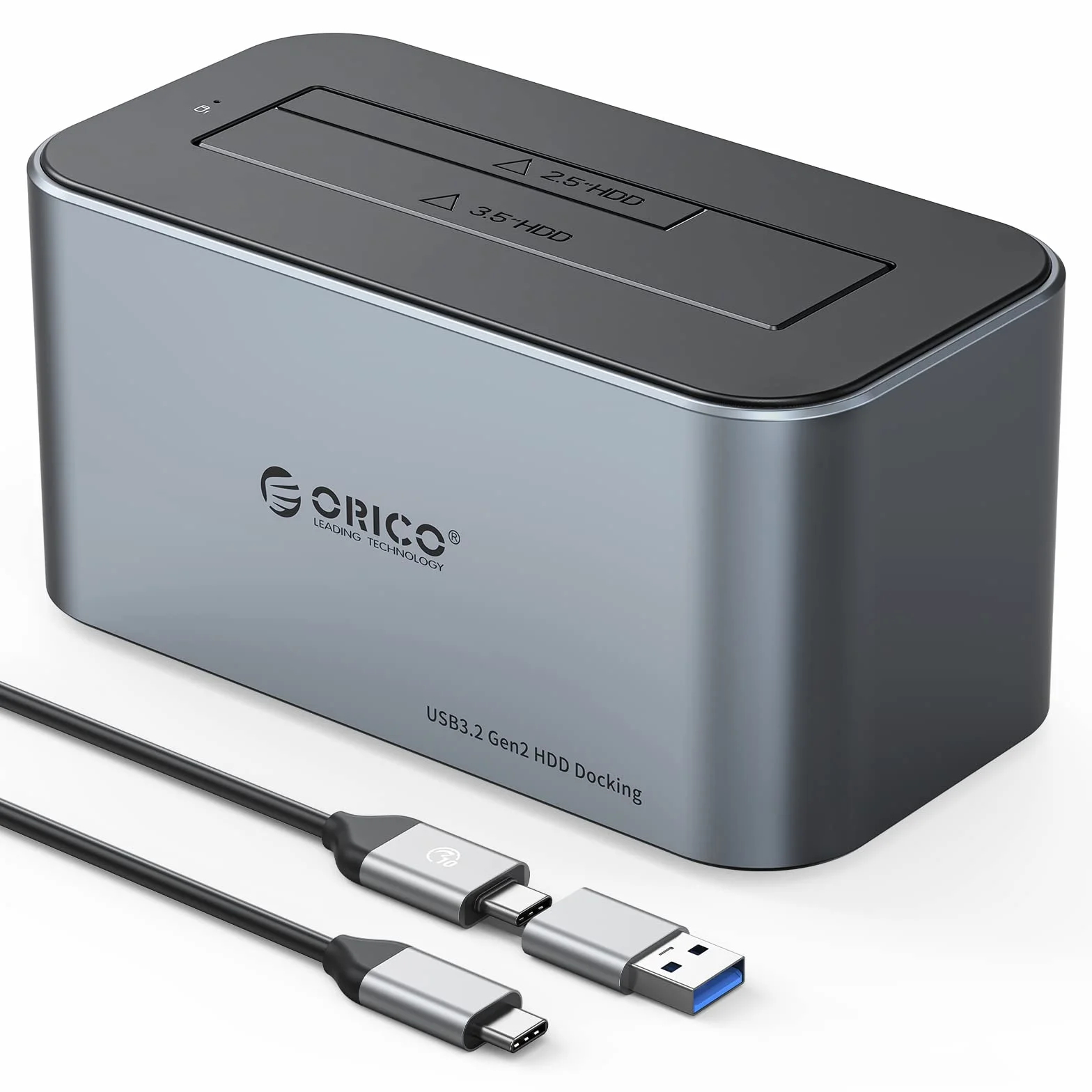 ORICO Aluminium Festplatten Dockingstation, 6Gbps USB 3.2 Gen 2 SSD/HDD Docking Station für SATA 2,5/ 3,5 Zoll bis zu 18 TB, mit 12V 2A Netzteil, Unterstützt USB A und USB C, Werkzeugfrei(6616C3)