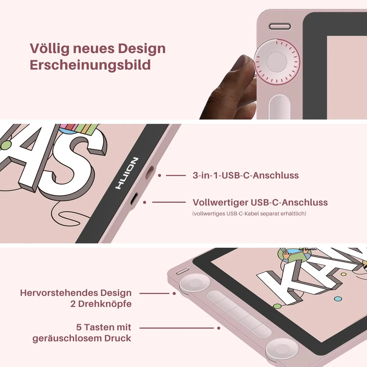HUION Kamvas 13 Gen 3 Grafiktablett mit Display, Entspiegeltes Geätztes Glas, PenTech 4.0, 16384 Stiftdruck, Verstellbarer Ständer, 13,3 Zoll Dual Dial Zeichentablett für Designer, Künstler, Rosa