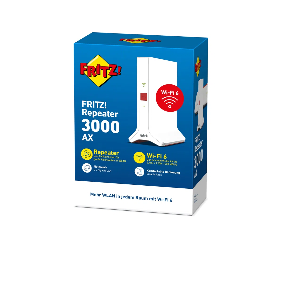 FRITZ!Repeater 3000 AX | WLAN Erweiterung mit bis zu 4.200 MBit/s | Triband-Wi-Fi 6 | leistungsstark und zuverlässig | WLAN Mesh | einfache Einrichtung | höchster Sicherheitsstandard Dank WPA 3/2