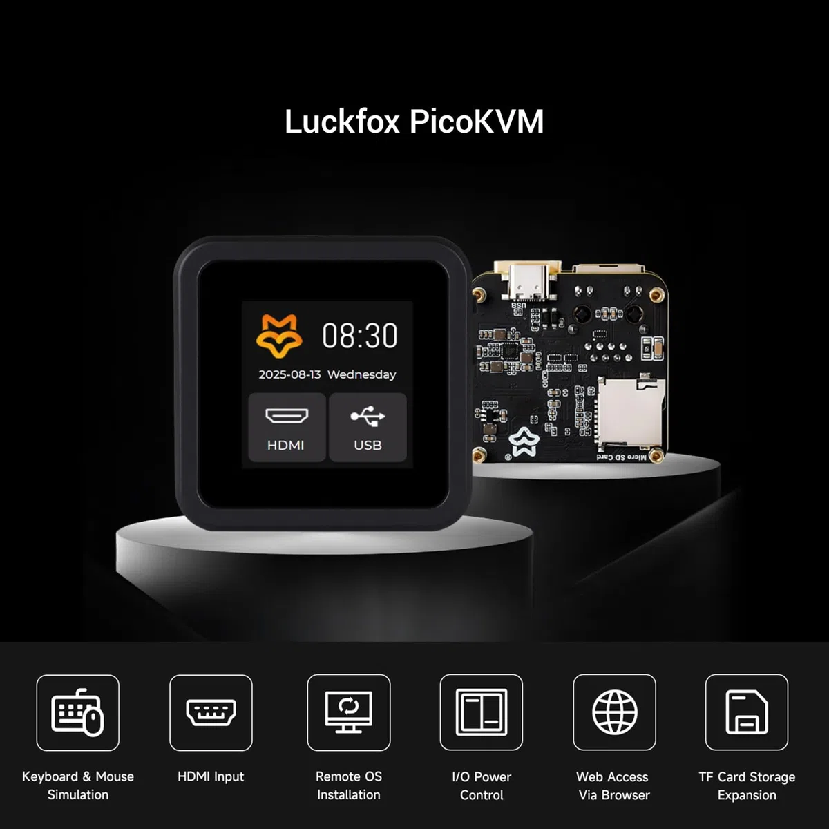 LUCKFOX PicoKVM with Metal Case and 1.54-inch Touch Display - Remote IP KVM for Server/PC Management, HDMI Capture, HID Simulation, Low Latency Control