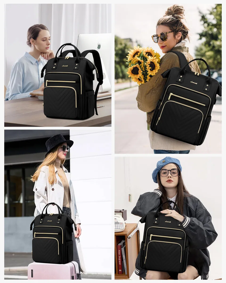 LOVEVOOK Rucksack Damen, 15,6 Zoll Laptop Schulrucksack Mädchen Wasserdicht, Elegant Arbeitstasche Lehrertasche Reiserucksack, Schultasche Tagesrucksack Backpack Women für Uni Büro Reise, Schwarz