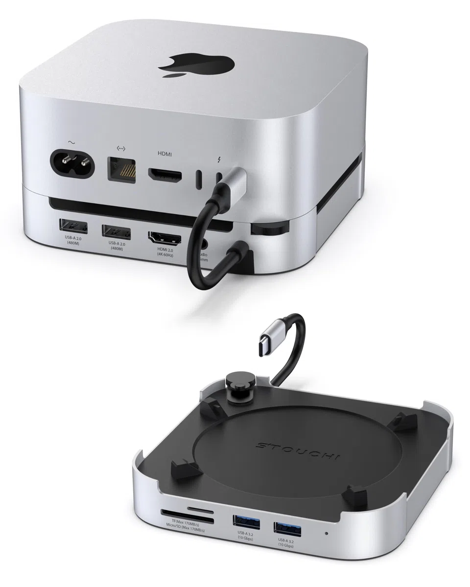 Stouchi Mac mini M4 Dock mit 8TB NVMe/SATA SSD-Gehäuse, 2X USB-A 10 Gbit/s, 4K HDMI, SD/TF-Slot, 2X USB-A Daten, Audio 3,5mm, Netzschalter & stabilem WLAN für Mac mini M5/M4 Pro(2024)