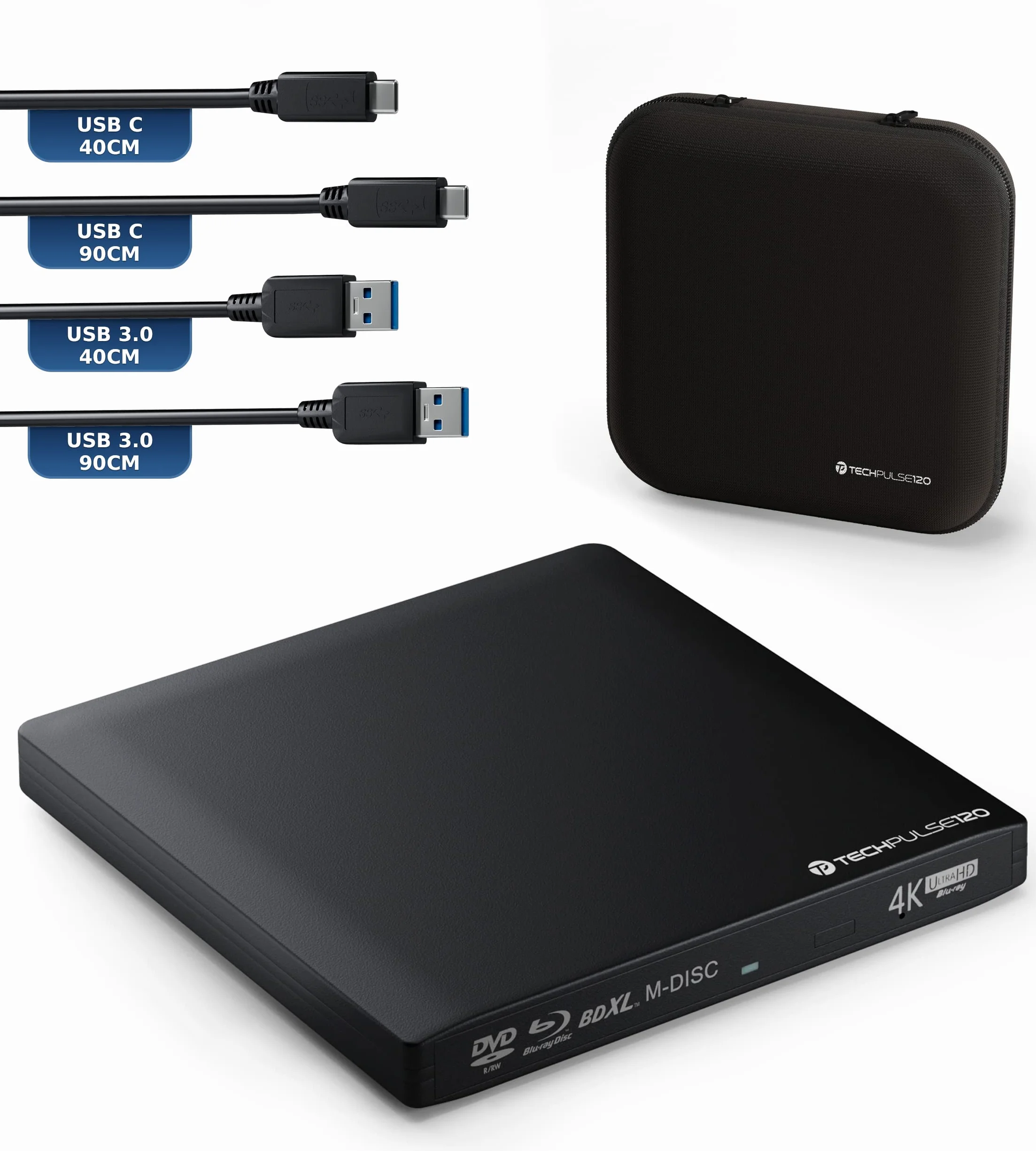 techPulse120 Externes USB 3.1 USB-C UHD 4k 3D M-DISC Blu-ray DVD CD BDXL HDR10 128GB Laufwerk Brenner Burner Superdrive BD Imperator Paket Tasche 90cm Anschlusskabel Aluminium Schwarz
