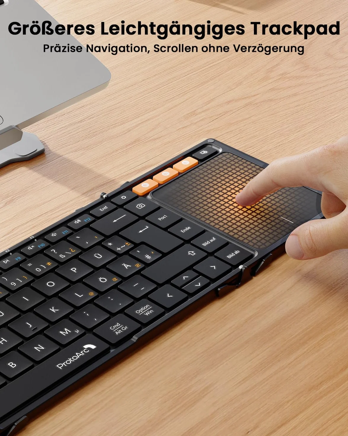 ProtoArc XK01 TP Bluetooth Tastatur Faltbare mit Touchpad, Tastatur Kabellos Klappbare QWERTZ Deutsch mit Groß Trackpad für iPad, iOS, Android, Windows Laptop PC Tablet - Schwarz
