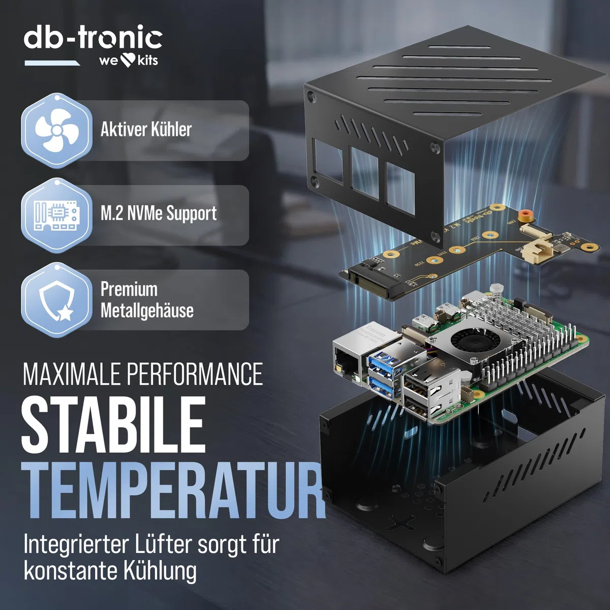 Raspberry Pi 5 4GB PCIe M.2 NVMe Set 64GB Edition 27W Netzteil Metallgehäuse Active Cooler