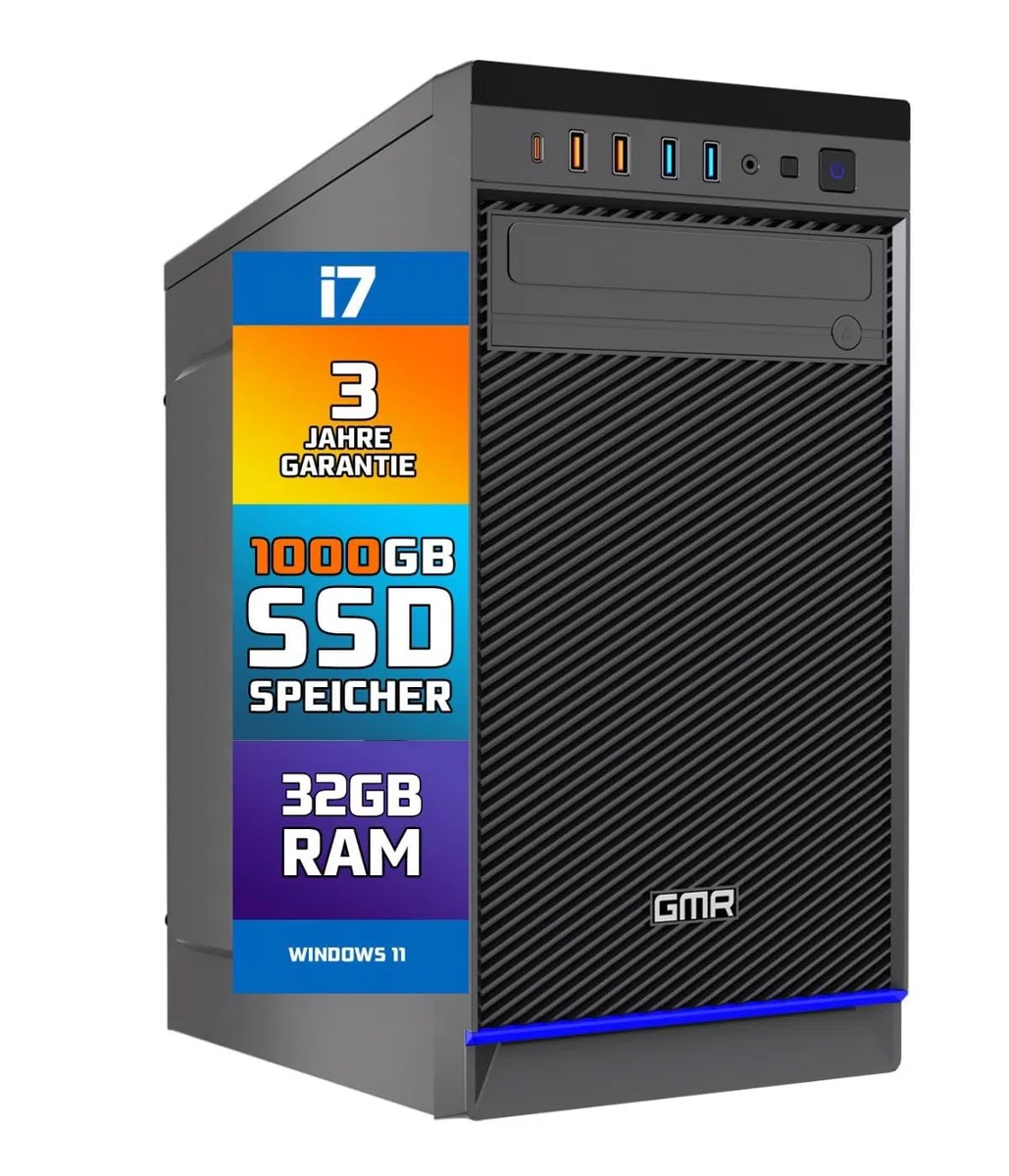 GMR Ultra Desktop PC - Intel i7, Windows 11 Pro, 32GB RAM, 1000GB SSD, USB 3, WiFi, Bluetooth, Office PC Mit DVD, 3 Jahre Garantie - Desktop PC Windows 11 - Sofort Einsatzbereit