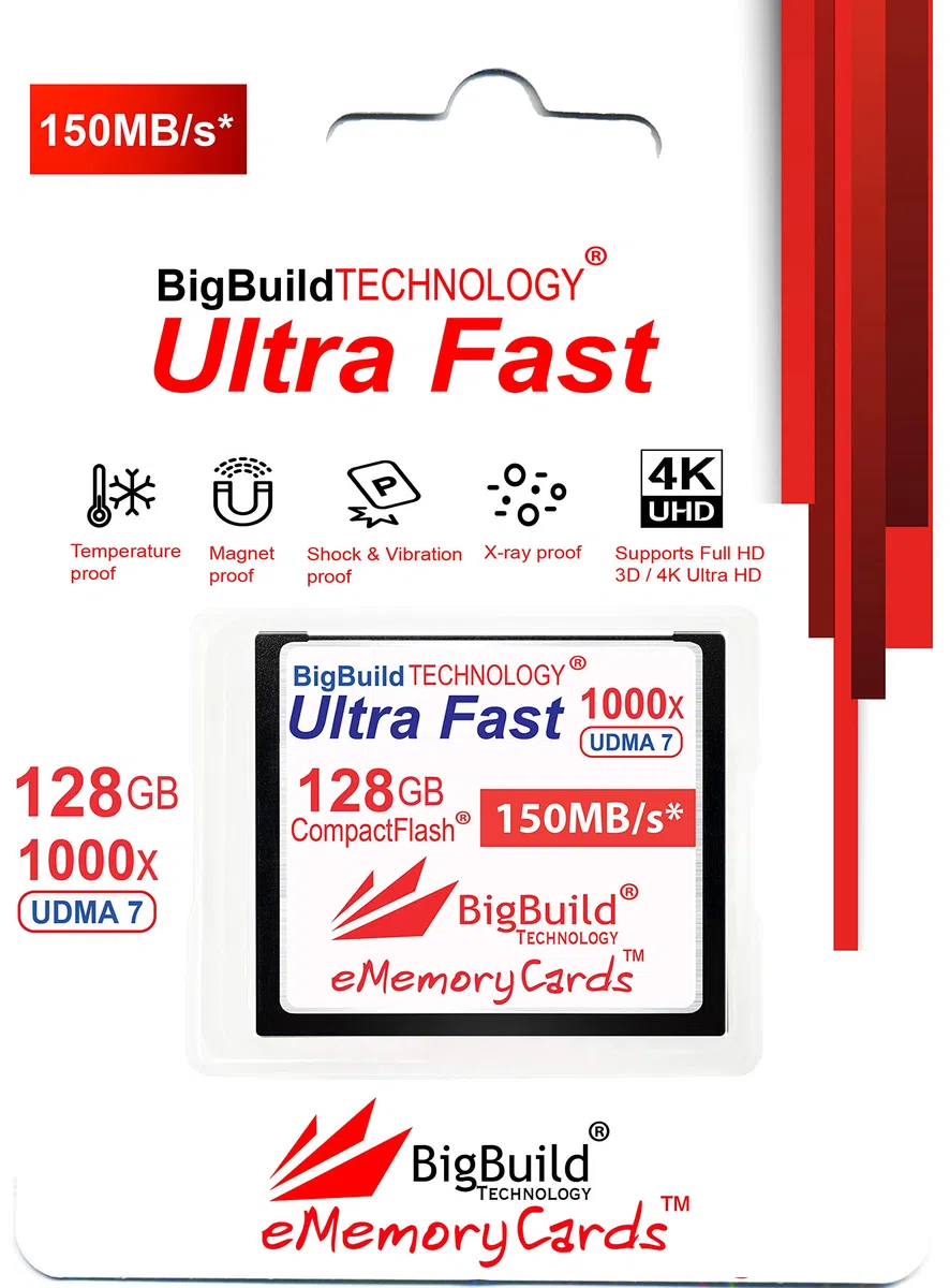 eMemoryCards 128GB Ultra Fast 150MB/s CompactFlash Speicherkarte kompatibel mit Canon 10D/20D/30D/40D/50D/1D/1Ds/5Ds/7D Mark I/II/III/IV, Nikon D, Olympus E, Sony Alpha, Leica S Kameras