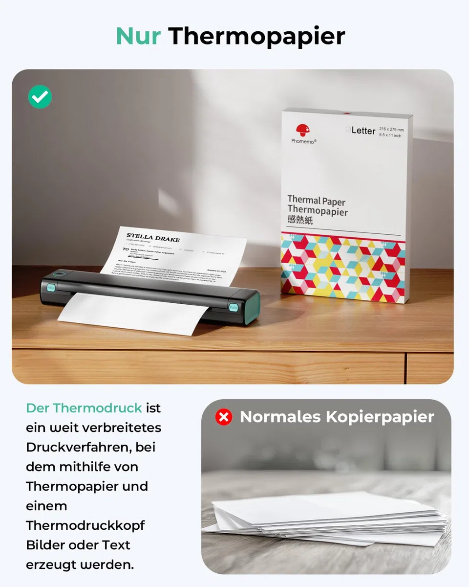 Phomemo M08F Thermodrucker A4 Mobiler Bluetooth Drucker, Tragbarer Wireless Printer für Unterwegs Kompatibel Android iOS, Thermopapier Drucker, Schwarz Grün