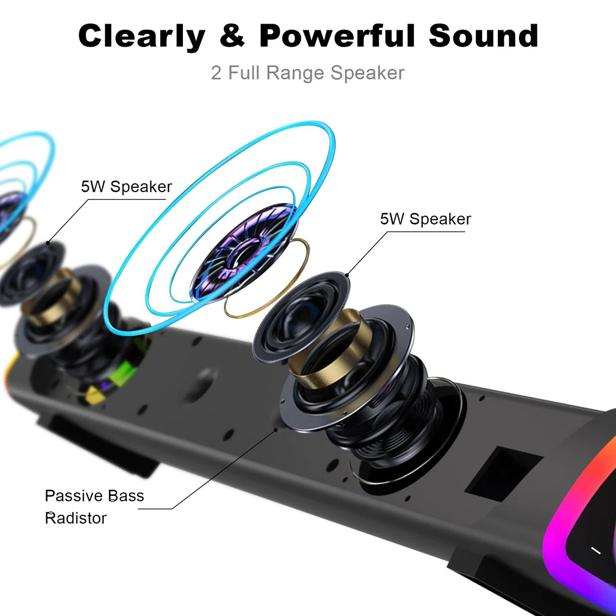 SOULION R30 Plus Computer Lautsprecher, USB-betriebene Bluetooth PC-Soundbar, LED-Lichter mit Schaltertaste, tragbare Computer-Soundbar für Desktop Laptops, Schwarz (kein 3,5-mm-AUX)