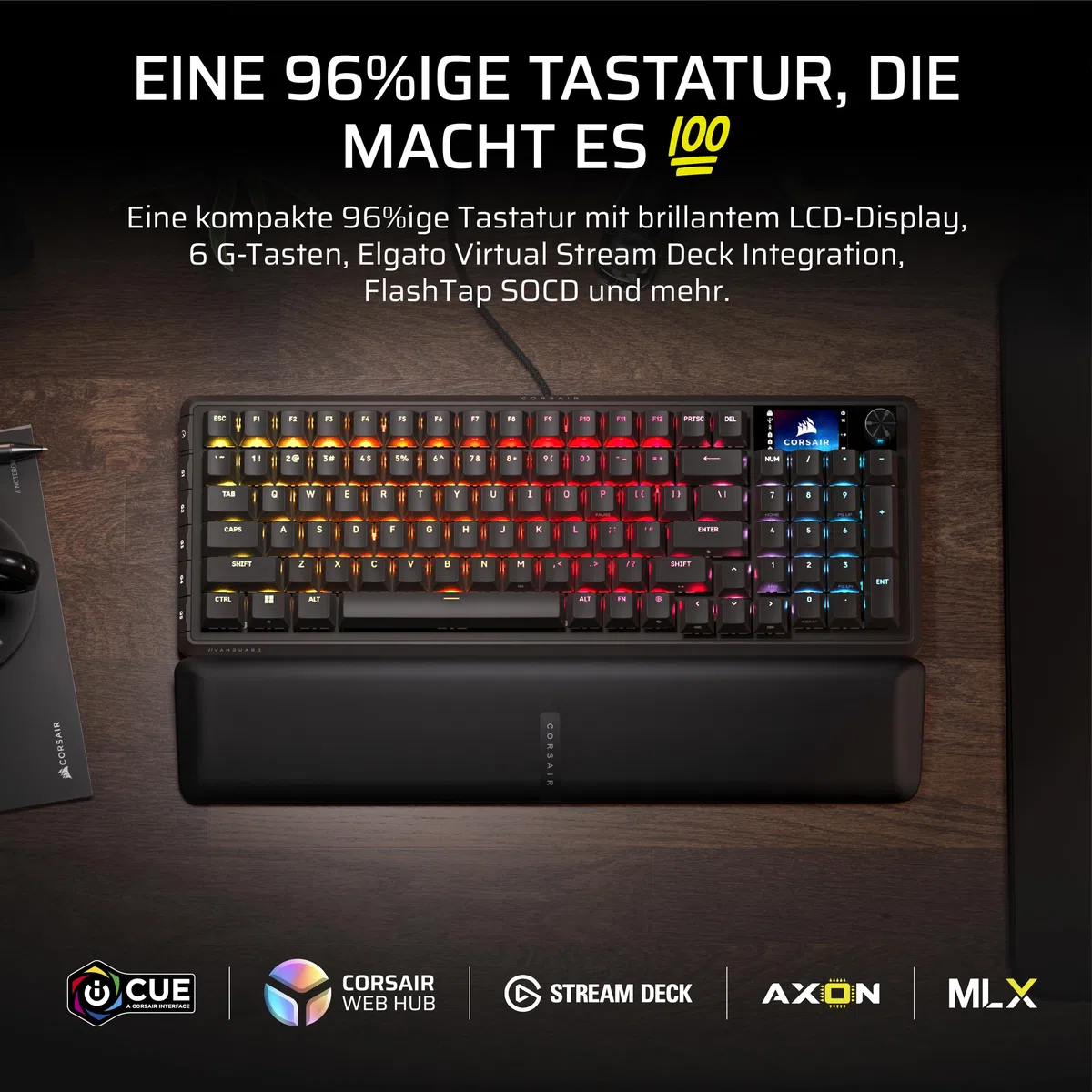 Corsair Vanguard 96 Kabelgebundene Mechanische Gaming-Tastatur – Schwarz | QWERTZ DE, 96% Layout, MLX Plasma-Linearschalter, 8000Hz-Polling, LCD-Display, Virtual Stream Deck, G-Tasten, SOCD Flashtap
