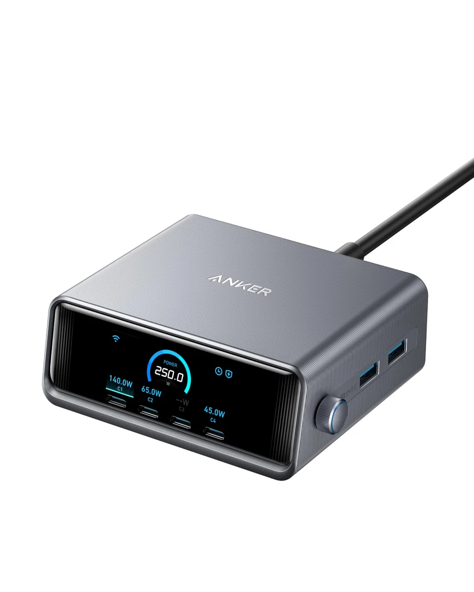 Anker Prime 250W USB C Ladegerät, Ultra-schnelle 6-Port GaN Ladestation, 2,26" LCD-Display und Smart Control Regler, kompatibel mit MacBook Pro/Air, iPhone 17/16/15, Pixel, Galaxy, Apple Watch & mehr