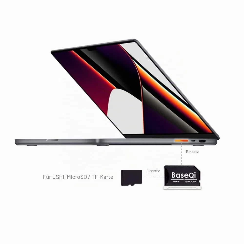 BaseQi UHS-II Aluminium microSD Adapter für 2021 M1 MacBook Pro 14 & 16 Zoll Silber
