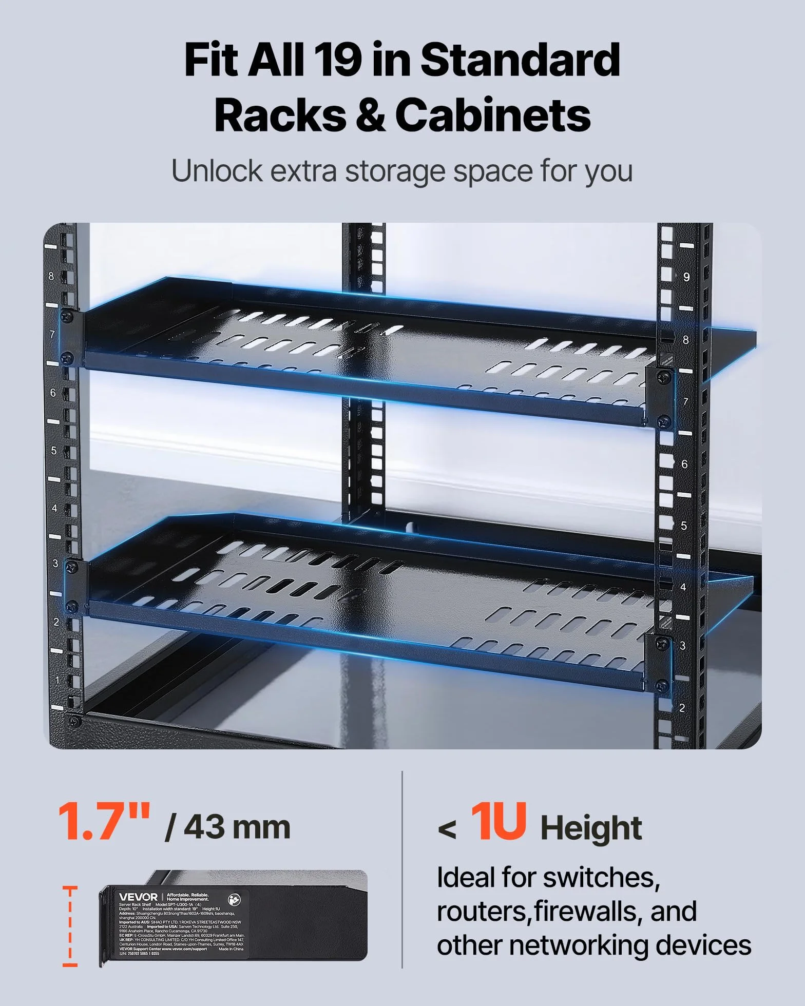VEVOR 1U Server-Rack-Regal 4 STK. 22,68 kg belüfteter Ausleger Wandmontage 254 mm Tiefe 482 mm