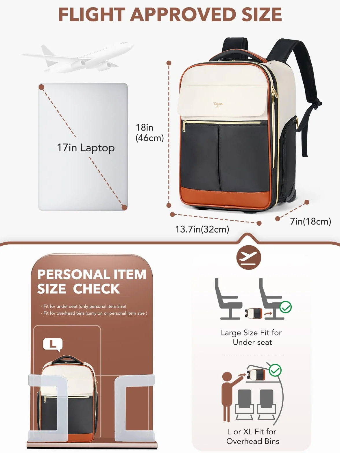 Rollrucksack Damen 17 Zoll Laptop, Rucksack mit Rollen Handgepaeck Underseat Groesse L, 46x32x18 cm, 2 in 1 Trolley Rucksacktrolley Pilotenkoffer, 180 Grad Oeffnung, wasserabweisend, Beige