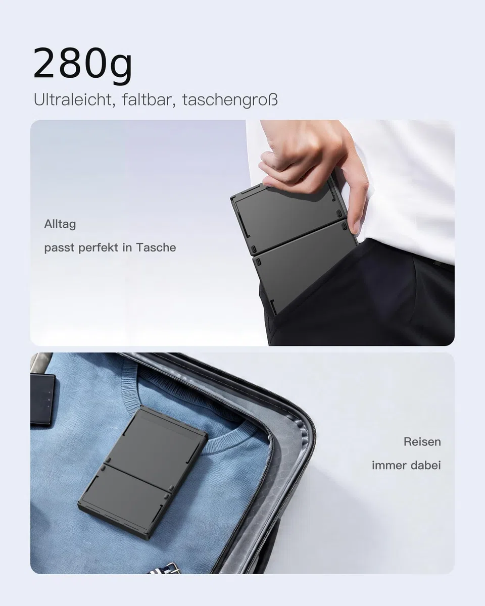 Inateck Faltbare Mini Tastatur, KI-Funktion mit Touchpad,3 Bluetooth-Kanälen, kompatibel mit iPadOS Android, Windows, QWERTZ, KB604
