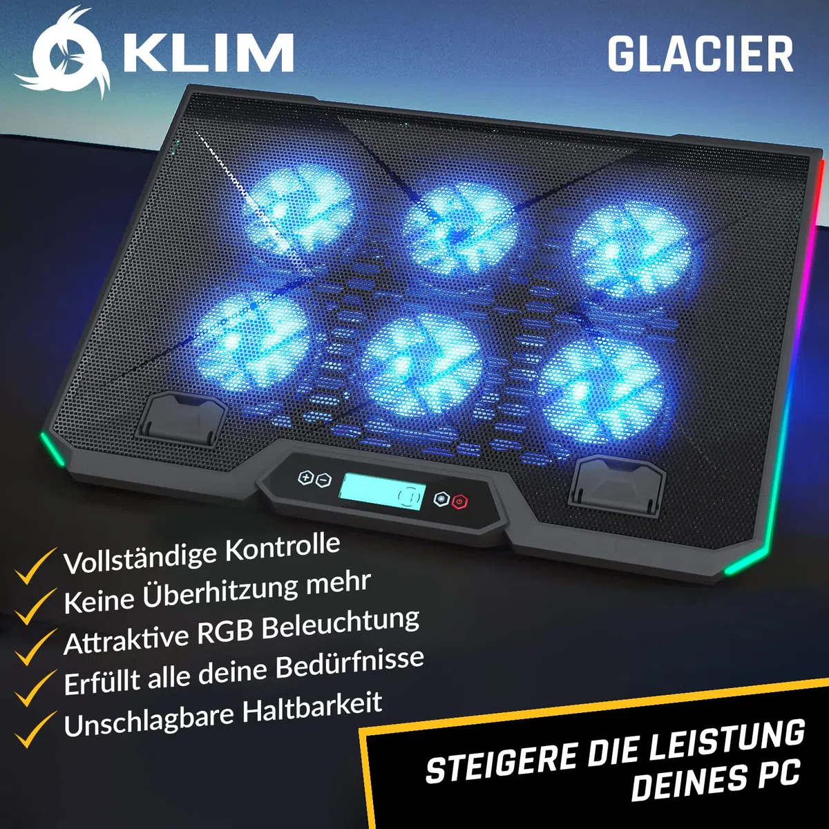 KLIM Glacier Laptop Kühler - Fans Laptops Kühler Stand mit RGB-Hintergrundbeleuchtung - 11" - 17" - Gaming Laptop Lüfter - USB Powered - Stabil und leise - Für PC, Mac, Xbox One, PS4
