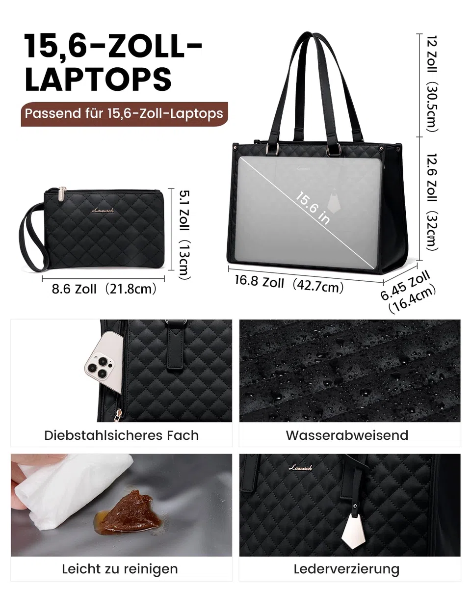 LOVEVOOK Laptoptasche Damen mit Isolierted Lunch-Fach, 15,6 Zoll Laptop Handtasche, Arbeitstasche Lehrertasche Groß, Lunchtasche Aktentasche Leder, Schultertasche für Schule Büro Uni