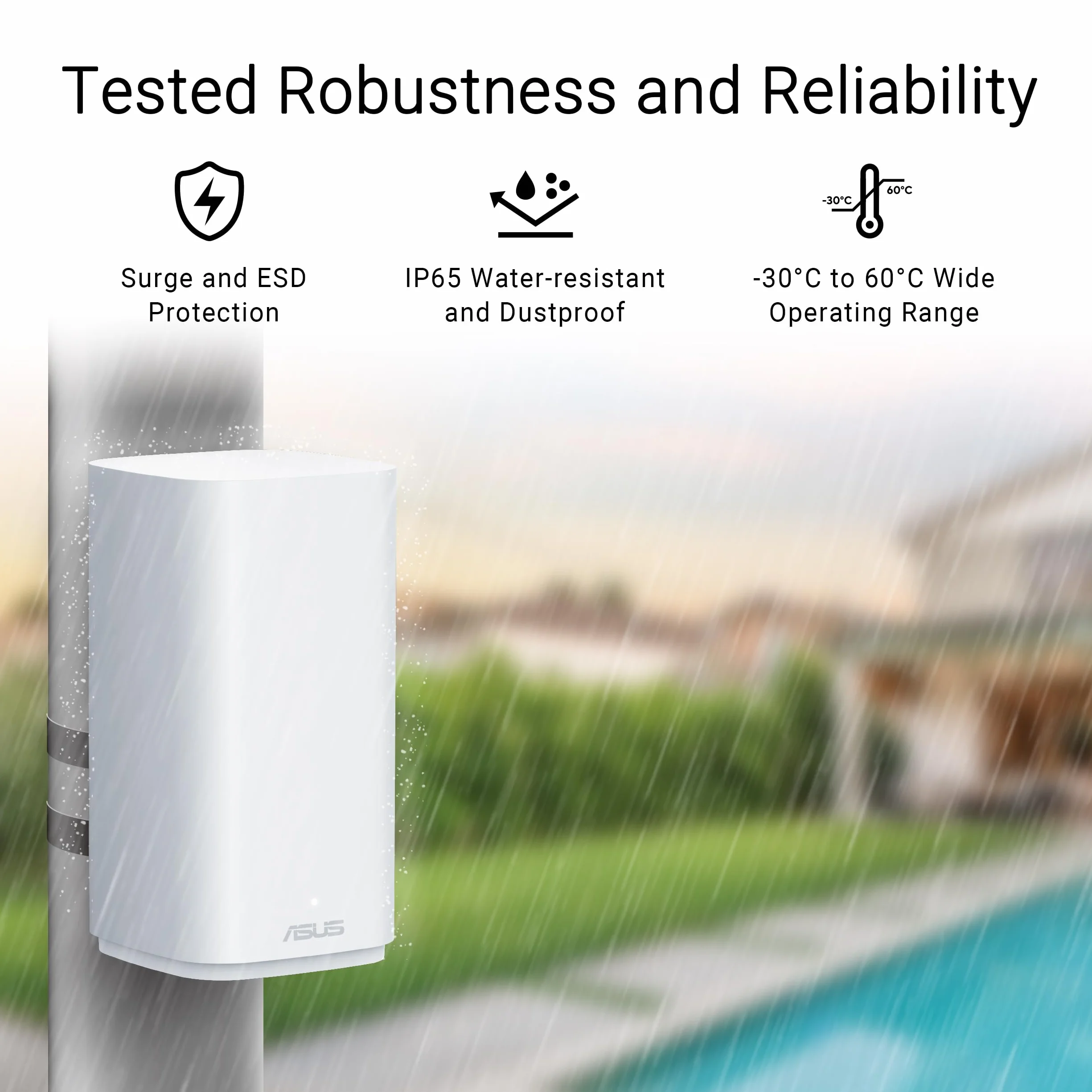 ASUS ZenWiFi BD4 BE3600 Outdoor Dualband WiFi 7 AiMesh erweiterbarer Router 1er Pack (3600 Mbit/s, bis zu 235m² Abdeckung, Dual 2.5G Ports, IP65 Wetterschutz, 3 SSIDs IOT Geräte, Kindersicherung) weiß