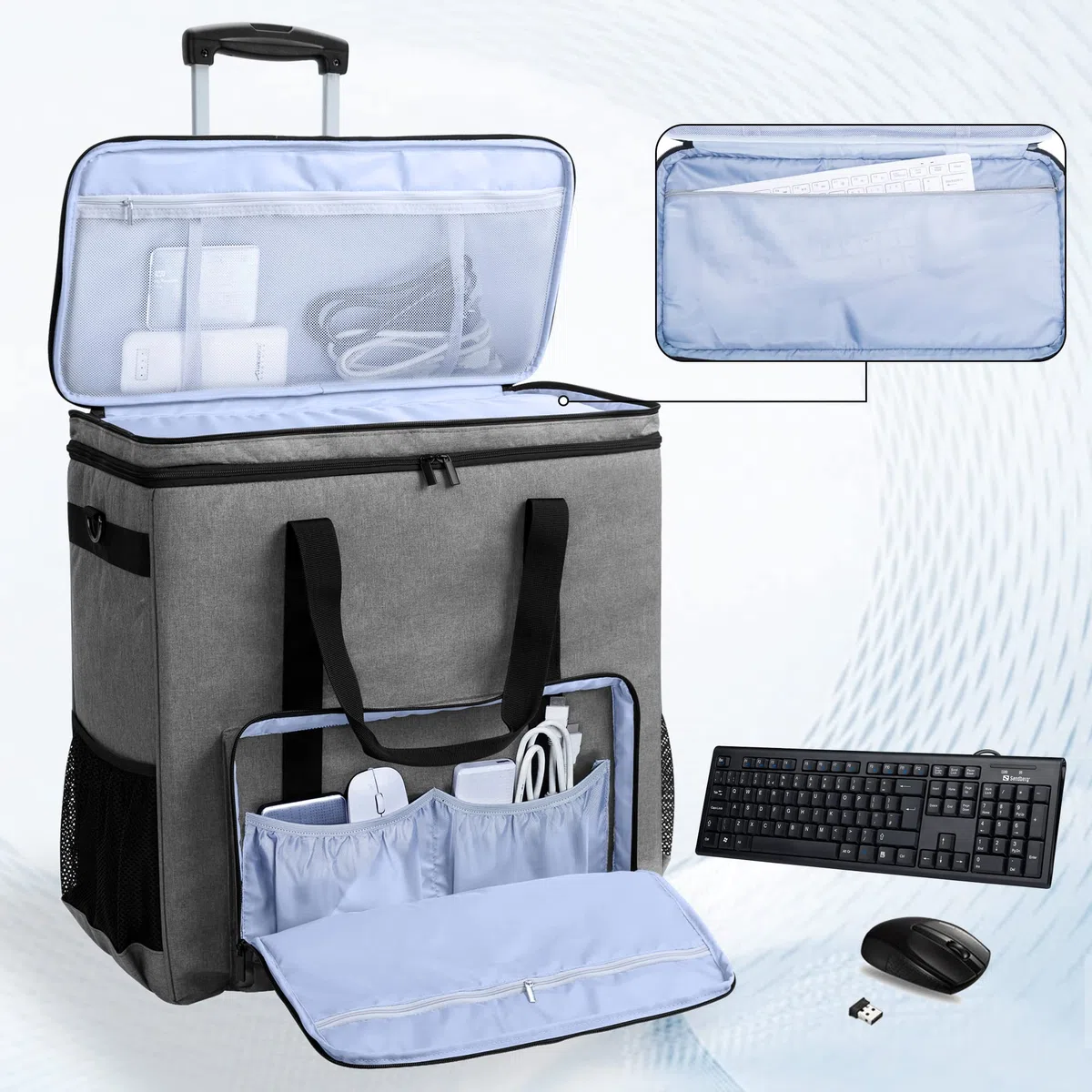 CURMIO Reisetasche für Desktop Computer, PC Gehäuse Tasche mit Abnehmbarem Trolley, Tragetasche für Tower PC, Tastatur, Kabel und Maus, (Keine Zubehör Enthalten), Grau