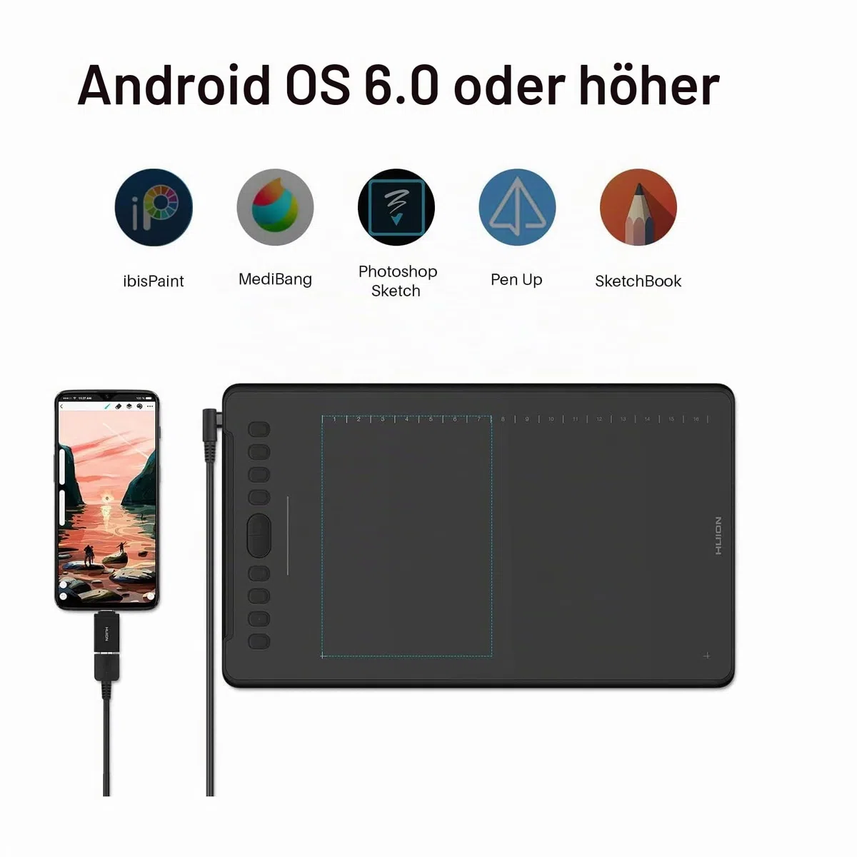 HUION Inspiroy H1161 Grafiktablett, Touch-Streifen und 8192 Stiftdruck-Skizzen-Tablet mit Batterielosem Stylus, 10 Shortcut-Tasten, Kompatibel mit Android, Windows und Mac, Schwarz