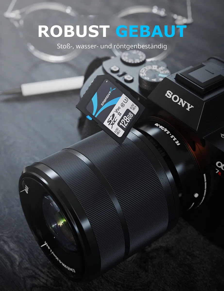 SABRENT SD Karte 128GB V90 UHS-II U3 SDXC Card Class 10, 280MB/s Lesen, 250MB/s Schreiben – Professionelle Speicherkarte für 4K 8K Video, DSLR, Drohne, Kamera (SD-TL90-128GB)