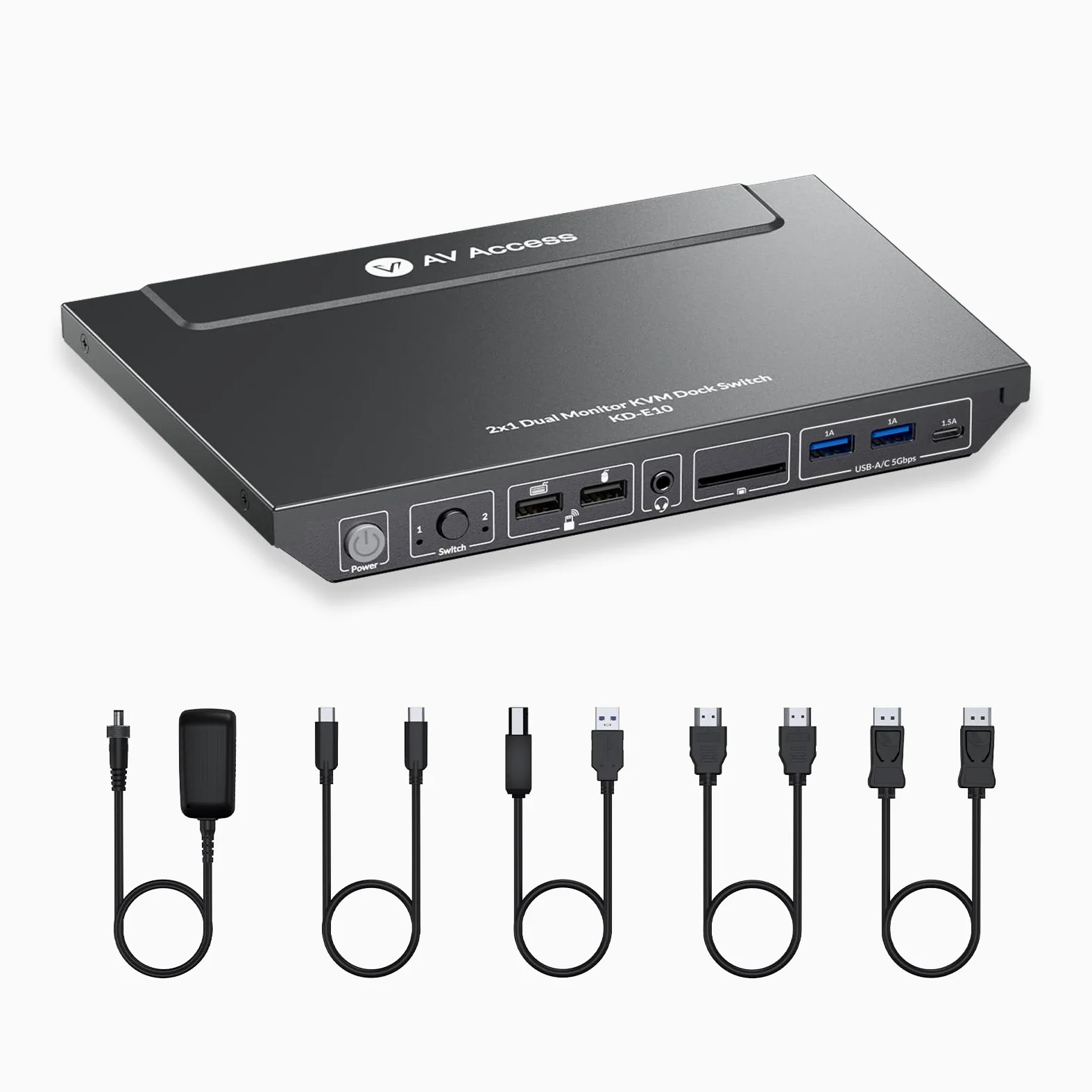 AV Access Dockingstation mit KVM Switch für Laptop & Desktop, 100W Aufladung, 4K@60Hz Dual Monitor HDMI, 3xUSB 3.0, USB-C, 1G Ethernet, EDID Support, SD, 3.5mm AUX Audio, Fast Switch 2 Computer