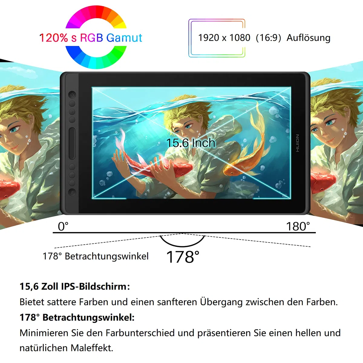 HUION Kamvas Pro 16 Grafiktablett mit Display, 15,6 Zoll Zeichentablett mit Tilt-Funktion, 6 Drucktasten,1 Touch-Leiste, Blendfreies geätztes Glas,Konnektivität mit Windows & Mac, Ideal zum Malen