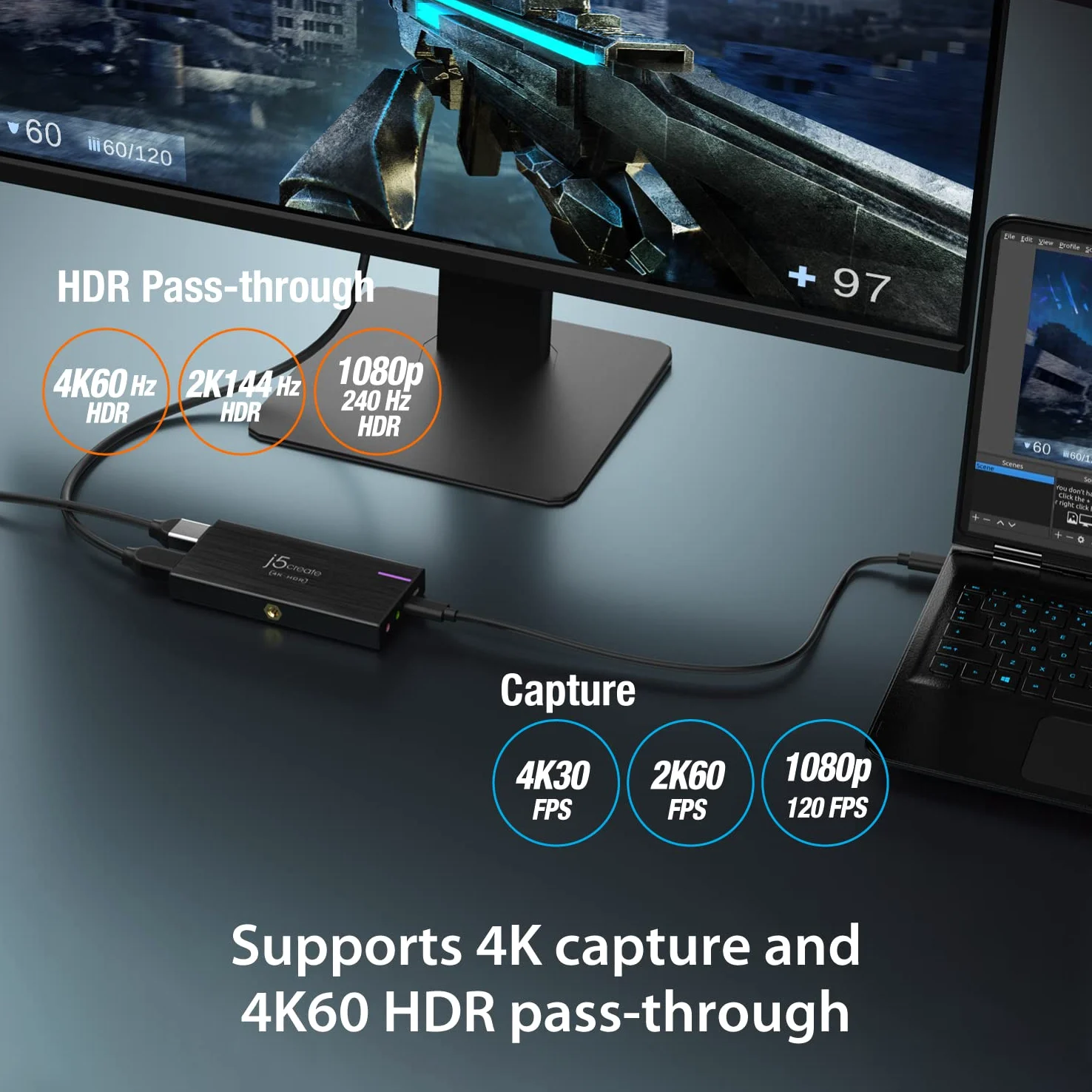 j5create 4K Game Video Capture Card mit PD 60W Pass-Through Charging, Streaming und Aufnahme von 4K Video auf PS5, PS4, Xbox, Switch, Arbeit mit OBS, Twitch, YouTube (JVA14)