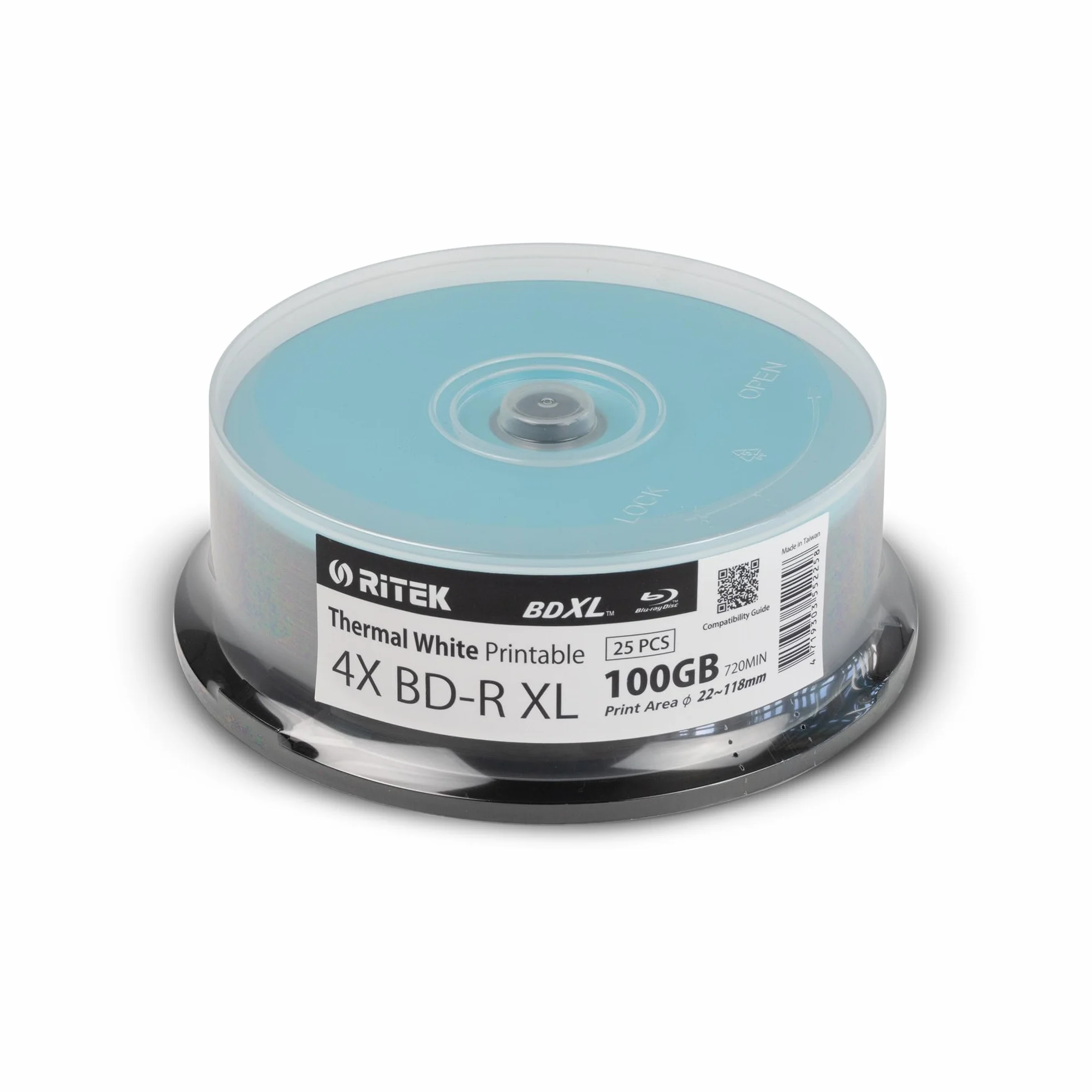 Ritek BD-R XL BDXL 100 GB Archivierungsmedien, Triple-Layer, 4X, Logo Top, Thermal, beschreibbare Discs in Spindel, 25 Stück