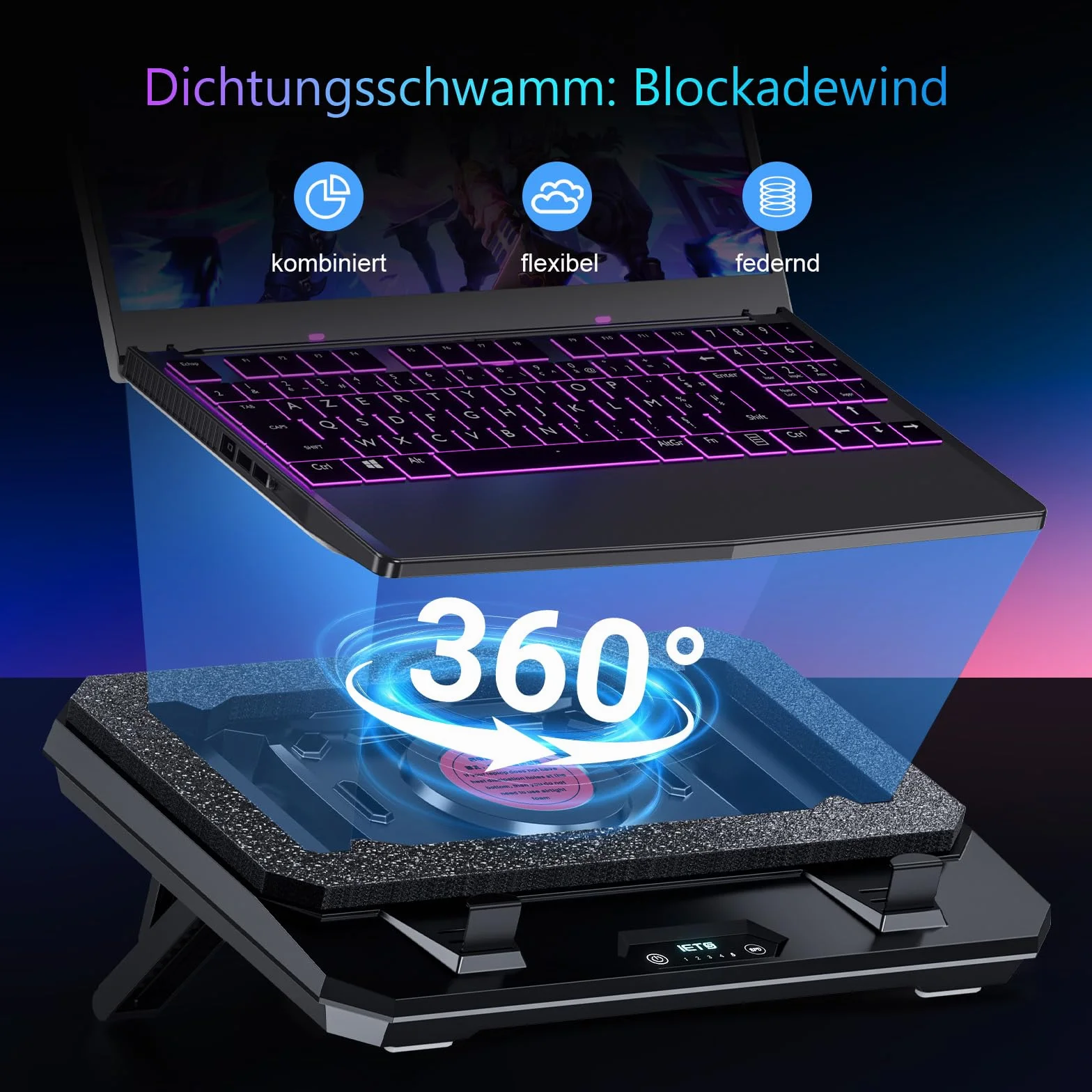 IETS GT300 Verbessertes Laptop-Kühlpad mit verstellbarem Ständer, Turbo-Kühler für schnelle Kühlung, 10-17 Zoll Gaming-Laptop, Flexibler Dichtungsring, mit Verstellbarer Luftfilterklemme (GT300B0)