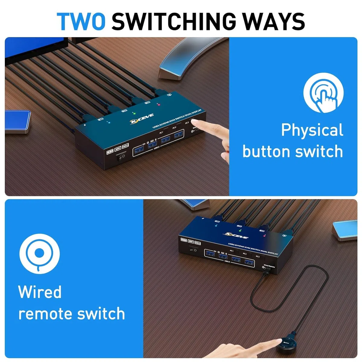KVM Switch 2 Monitore 3 PC HDMI, KCEVE 4K@60Hz Dual Monitor USB 3.0 KVM Umschalter mit EDID Emulator, unterstützt Kopieren und erweiterte Anzeige, für 3 Computer teilen sich 2 Displays