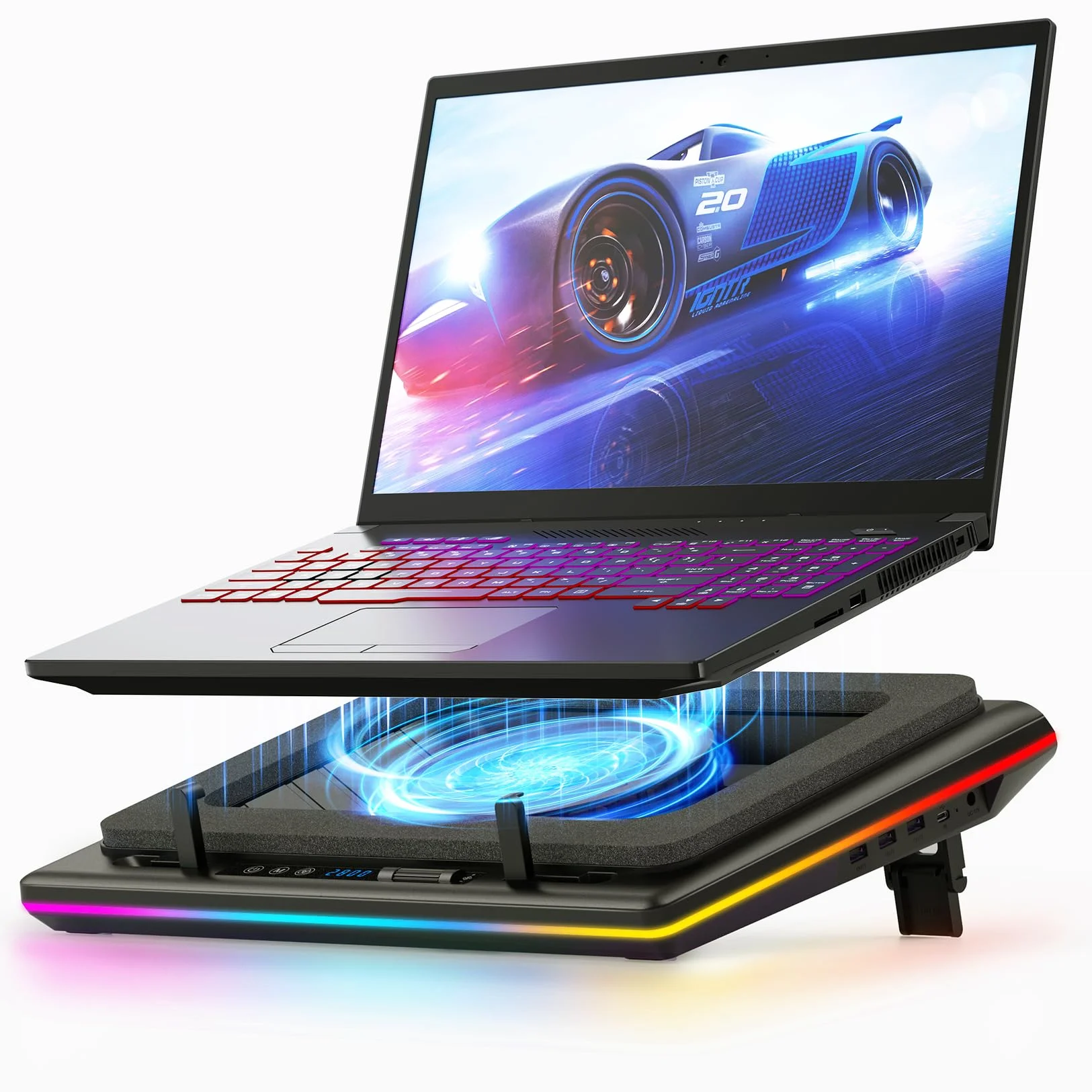 llano RGB Gaming Laptop Kühler Kühlpad mit Touch-Bedienung stufenloser Geschwindigkeit &14cm Extra-groß Leistungsstarker Turbo-Lüfter Dichtungsschaum 3-Port-USB-Hub für 15-19 Zoll Notebook