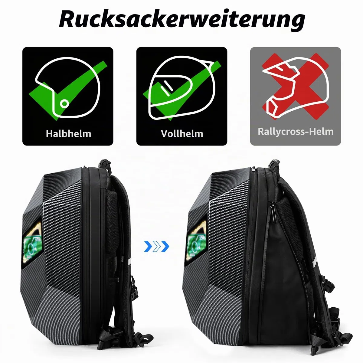 48 cm LED Motorrad Knight Rucksack für Männer, Hard Case Fahrrucksack Motorrad Laptop Tasche Wasserdicht, DIY Programmierbarer Full Color Display & Augen