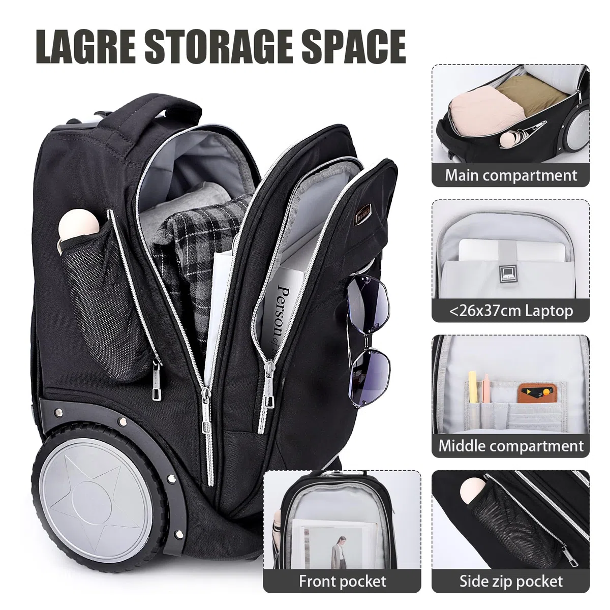 Rucksack mit Rollen, Rucksack trolley doppelt verstärktem Teleskopgriff, leichtes Hinauf- und Hinuntergehen von Treppen, Handgepäck-Rucksack mit Laptopfach für Geschäftsreisende und Pendler, Schwarz