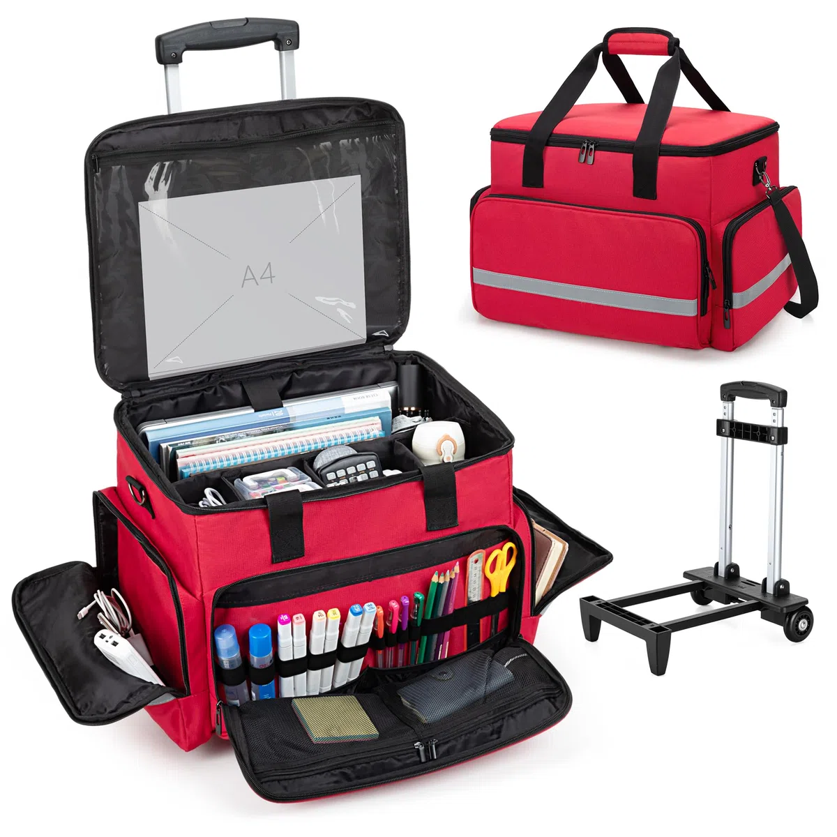 CURMIO Lehrertasche mit Rollen, Teacher Arbeitstasche Damen mit Gepolstertem Fach für bis zu 14” Laptop, Multifunktionale Schultrolley für Unterricht, Büro, Basteln (Nur Tasche), Rot