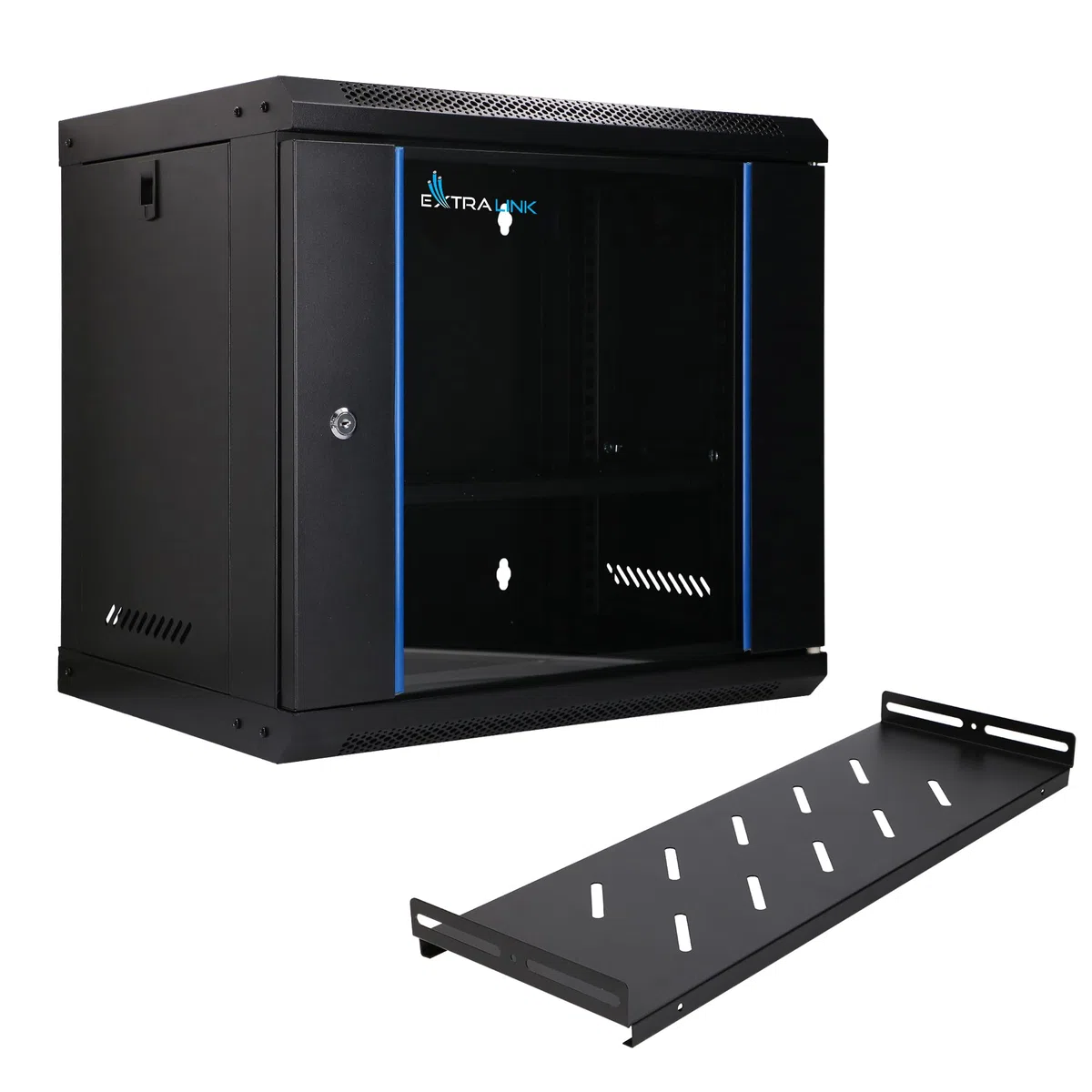 Extralink Serverschrank 19 Zoll 9HE - Netzwerkschrank 400mm Tiefe - Wand oder Standmontage, Traglast 60 kg, 180° Öffnung, schwarz - inkl. praktischer Regale - für Heimnetzwerk & IT-Geräte