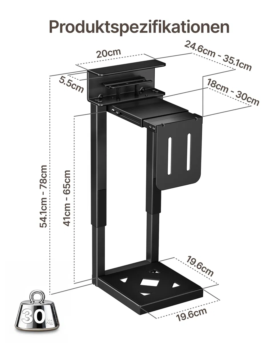 monTEK 30KG Heavy-Duty PC-Halterung unter Schreibtisch, Ohne Bohren montierbar, Verstellbare PC-Halterung mit Schutzpolstern, 16,1"-25,6" Höhe, ideal für Büro, Zuhause, Klassenraum, Schwarz