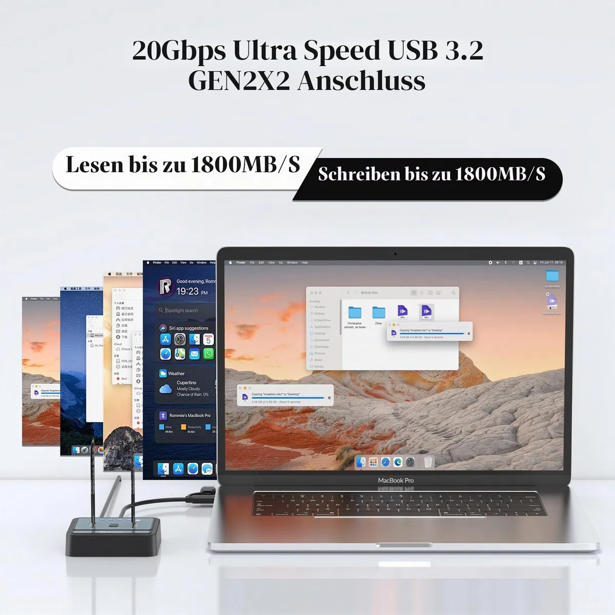 M.2 NVMe/SATA SSD Cloner, M.2 Duplikator 2-Bay Festplattengehäuse, werkzeuglos 20Gbps USB3.2 Gen 2X2 Festplattenleser für NVMe SATA SSD Unterstützt Offline Clone, UASP und Trim