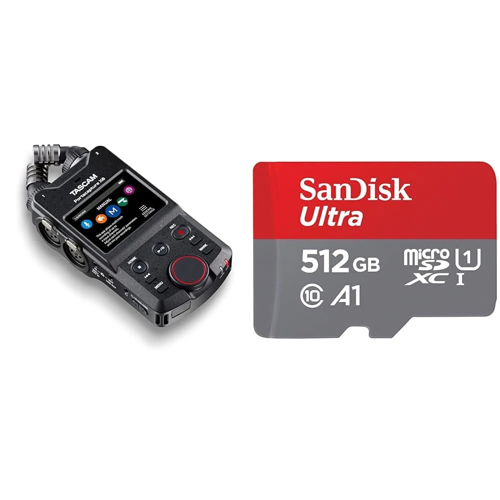 Tascam Portacapture X6 - Hochauflösender Handheld-Mehrspurrecorder & SanDisk Ultra Android microSDXC UHS-I Speicherkarte 512 GB + Adapter