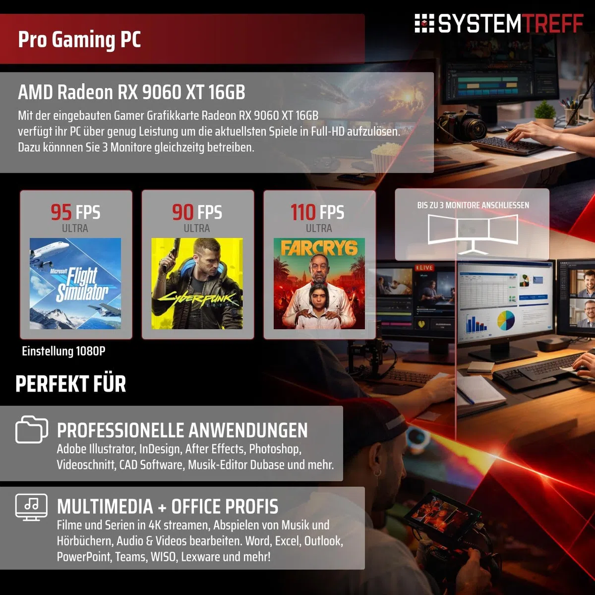 SYSTEMTREFF Gaming PC AMD Ryzen 7 5700X 8x4.6GHz | AMD Radeon RX 9060 XT 16GB DX12 | 1TB M.2 NVMe | 32GB DDR4 RAM | Windows 11 | WLAN Desktop Computer Rechner für Gamer, Zocker & Streamer