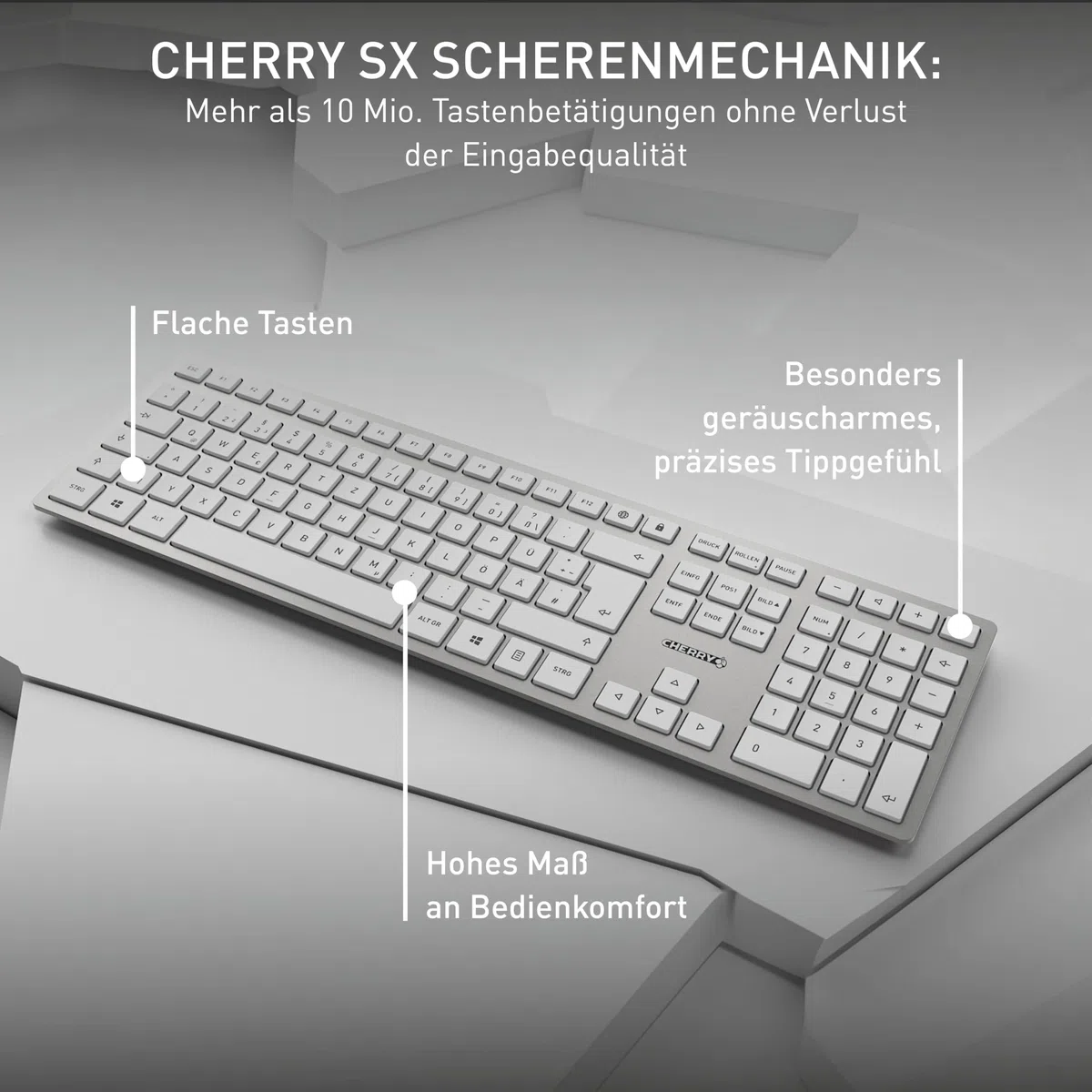 CHERRY DW 9100 Slim, Kabelloses Tastatur- und Maus-Set, Deutsches Layout (QWERTZ), Bluetooth & 2,4 GHz Funk, Leise Tasten, Wiederaufladbar, Weiß-Silber