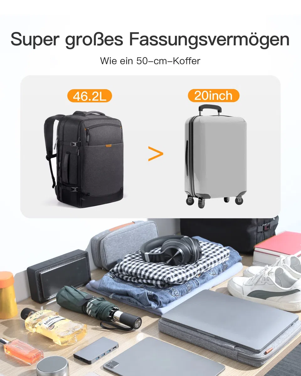 Inateck 38.5-46.2 L Reiserucksack erweiterbarer Herren Damen Handgepäck Flugzeug Rucksack, 15.6 Zoll Laptop Rucksack spritzwassergeschütztes Carry on Kabinenrucksack für Weekender