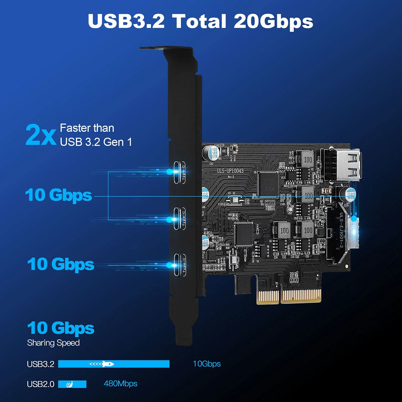 PCIe USB 3.2 Gen2 10 Gpbs Erweiterungskarte 5 Ports, darunter 3 USB C und 2 interne Ports (1 Typ-A, 1 Typ-E) für Desktop PC