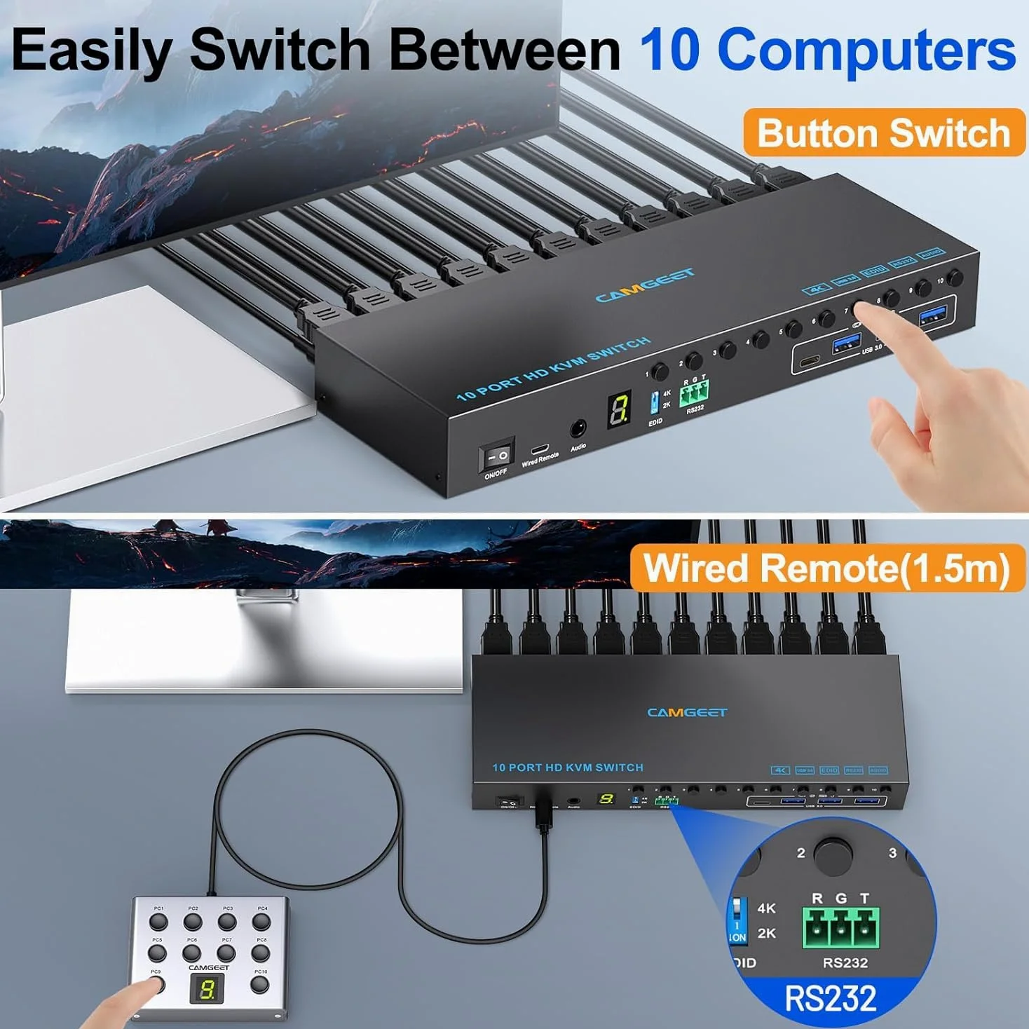 10 Port KVM Switch HDMI 4K@60Hz Simulation EDID, 10 IN 1 OUT HDMI KVM Switch für 10 Computer teilen sich 1 Monitor und 4 USB 3.0 Ports, 10 PC KVM Switches mit Audio RS232 & Wired Remote