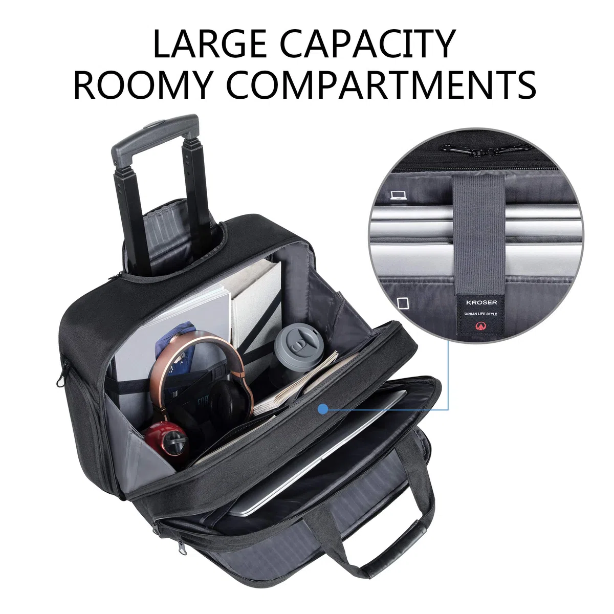 KROSER Trolley Business, Handgepäck Koffer mit Rädern Bis zu 17,3 Zoll Laptop wasserdichte Übernacht-Rolltasche mit RFID-Taschen für Reisen/Schule/Männer/Frauen-Schwarz MEHRWEG